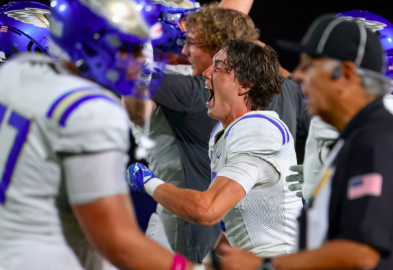 Santa Margarita free safety Logan Hirou celebrates after the Eagles defeated Mater Dei 7-6 in Santa Ana on Friday, Oct. 10, 2025. (Photo by Paul Rodriguez, Contributing Photographer, OC Register)