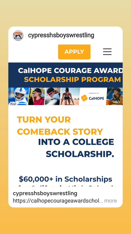 Hi there! Check out this scholarship link!

https://calhopecourageawardscholarship.org/