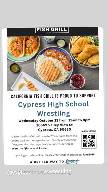 Wed October 22nd from 11am to 8pm, please join us as we fundraise for the Cypress High Wrestling Program! Please share with friends, family, and co-workers.  Thank you in advance!
