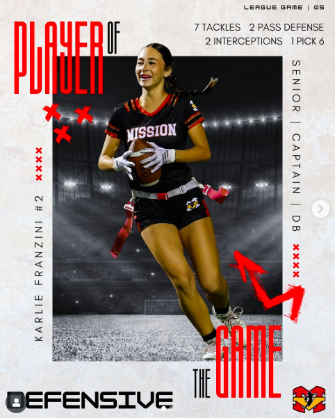 CONGRATULATIONS to the Defensive Player of the Game vs San Juan Hills!
Karlie Franzini #2!!
7 tackles |
2 pass break ups |
2 interceptions, including a pick 6!!