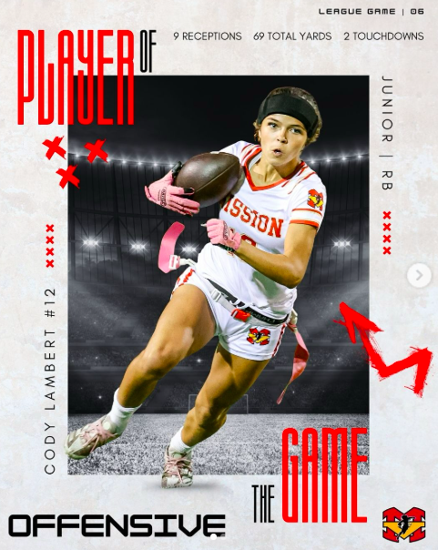 Congratulations to the Offensive Player of the Game vs Aliso 👏👏
Cody Lambert #12 | RB |
9 Receptions |
69 Total Yards |
2 Touchdowns