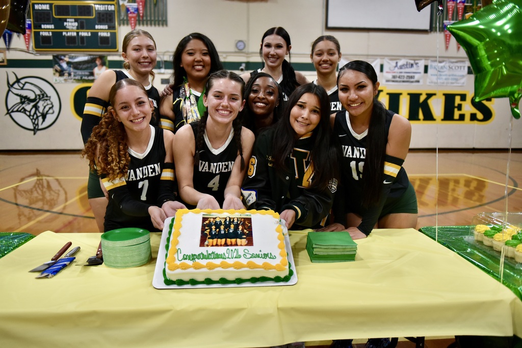 VANDEN VARSITY GIRLS VOLLEY BALL SENIORS NIGHT. 10/ 22 / 2025 WHO SAYS? YOU CAN HAVE YOUR CAKE . AND EAT IT TOO GOOD LUCK , GO VIKINGS. THANK YOU TO THE COACH STAFF, PAPA JOE . 1 OF 3 PIC'S