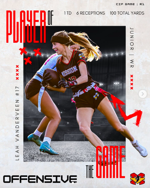 CONGRATULATIONS to the OFFENSIVE Player of the Game in our Round 1 CIF game vs University!!

Leah Vanderveen #17 |
6 Receptions |
100 Total Yards |
1 TD