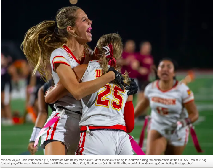Mission Viejo girls flag football tops El Modena in playoffs with late TD!!!
QB Bailey McNeal scores in the final minute of the game to help the Diablos advance to the CIF-SS Division 3 semifinals!!!

Clink link to see full OC Register recap:
https://www.