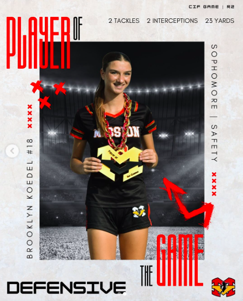 CONGRATULATIONS to the DEFENSIVE Player of the Game in our CIF R2 game vs Santiago 👏👏
Brooklyn Koedel |
2 Tackles |
2 Interceptions |
23 Yards
