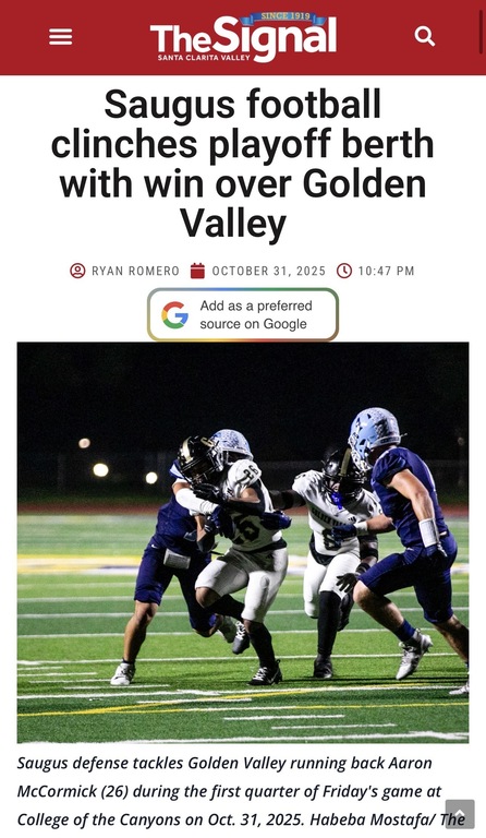 Saugus football clinches playoff berth with win over Golden Valley https://signalscv.com/2025/10/saugus-football-clinches-playoff-berth-with-win-over-golden-valley/?fbclid=IwdGRjcANzYQRleHRuA2FlbQIxMQABHlxZuQwQpkfzyTMKZ0hChTHInmkyA_ceepRFqYDwM7MfYe3GVuKKT