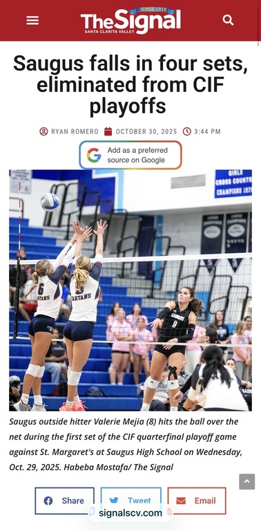 Saugus falls in four sets, eliminated from CIF playoffs.  Great run Saugus!!! https://signalscv.com/2025/10/saugus-falls-in-four-sets-eliminated-from-cif-playoffs/