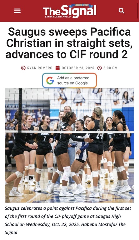 Saugus sweeps Pacifica Christian in straight sets, advances to CIF round 2. https://signalscv.com/2025/10/saugus-sweeps-pacifica-christian-in-straight-sets-advances-to-cif-round-2/