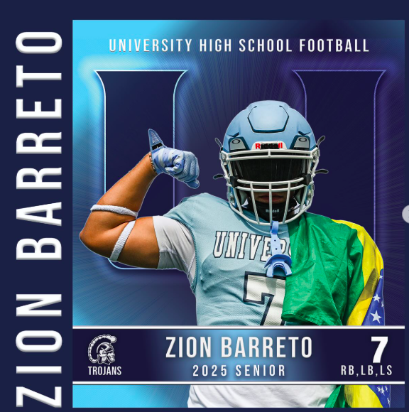 Senior Spotlight: #7 ZION BARRETO, Running Back, Line Backer, Long Snapper. This is Zion‘s fourth season playing for Uni. As the season comes to a close, Zion will miss the energy of the first snap of the game, and pregame banana pudding made by Mrs. Sori