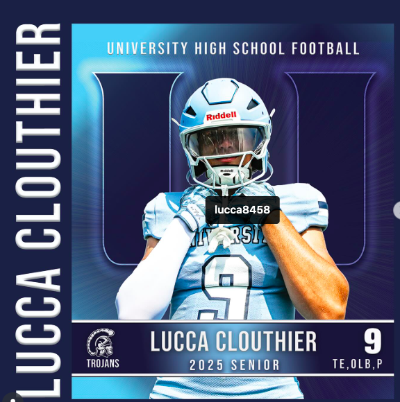 Senior Spotlight: #9 Lucca Clouthier. Outside Linebacker, Tight End, Running Back & Punter. This is Lucca’s fourth season with UNI Football, and he is also a soccer player. His favorite football memory is Friday Night Lights. We will miss watching Lucca’s