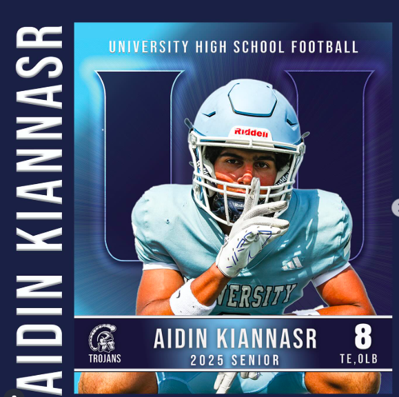 Senior Spotlight: #8 AIDIN KIANNASR. Outside Linebacker & Fullback. This is Aidin’s fourth year in the program. Playing football (his favorite sport) with his friends will be what he misses most. We will miss watching you play Aidin!