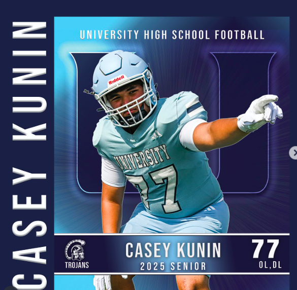 Senior Spotlight: #77 CASEY KUNIN. Guard, Defensive Tackle, and Frosh Coach. Casey is in his fourth year of the program. Practices, games, teammates and coaches are what he will miss most about Uni Football. Forever Trojans!