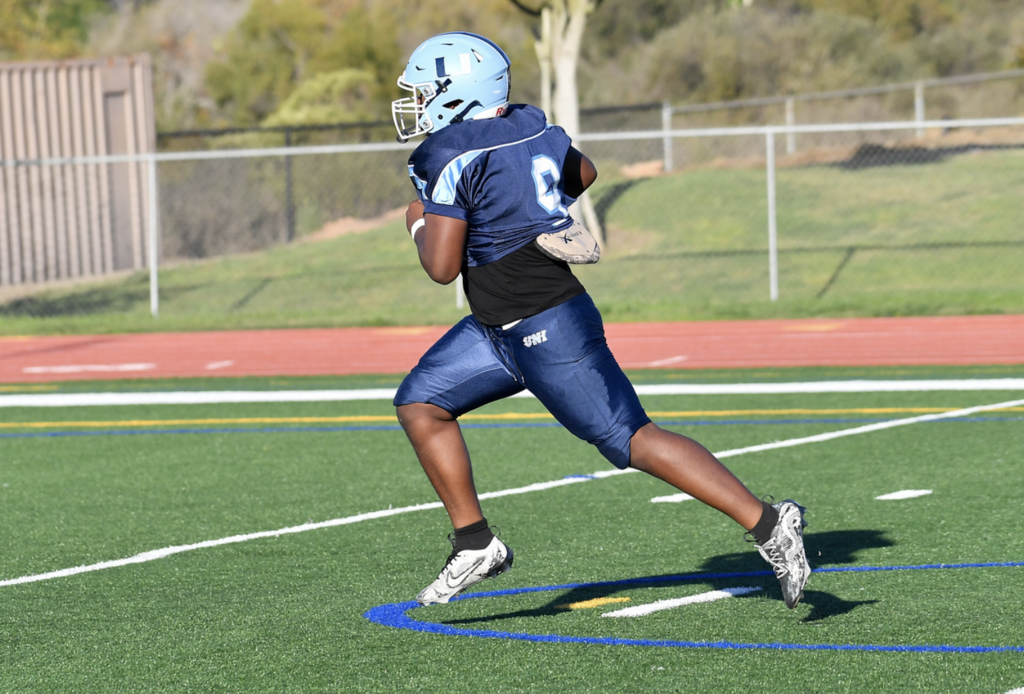 #9 Kurtis Nivens finds the end zone for the Trojans.  For more great photos, visit:  https://unifootballboosters.smugmug.com/20252026-UNI-TROJANS-FOOTBALL/2025FROSH