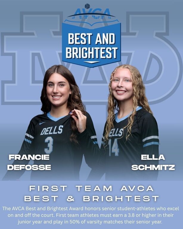 CONGRATULATIONS to seniors Francie DeFosse and Ella Schmitz on earning First Team AVCA Best and Brightest Award honors! First team athletes must earn a 3.8 GPA or higher in their junior year and play in 50% of varsity matches their senior year. Great job,