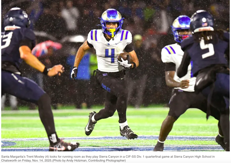 From Orange County Register....Santa Margarita alone at No. 1 going into semifinals!!

Santa Margarita 8-3 

The Eagles beat previously-undefeated Sierra Canyon 21-9. Santa Margarita junior defensive tackle Isaia Vandermade had seven total tackles, includ