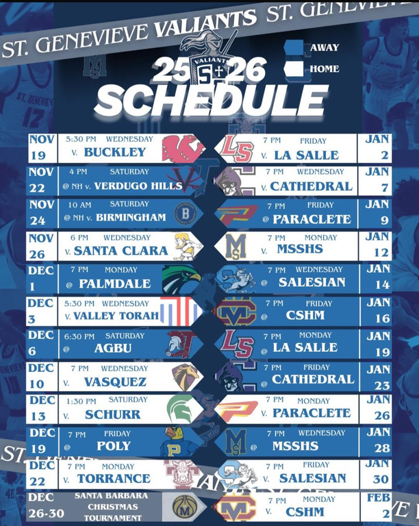 Game Day Alert! 🏀 Your Valiants hit the road for their second game of the season! St. Genevieve High School Boys Varsity Basketball heads into early season action with a gritty road battle against the Verdugo Hills Dons!
 📅 Date: Saturday, November 22, 20