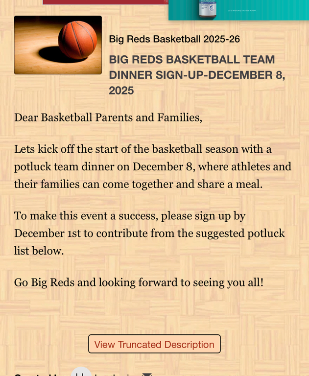 Dear Basketball Parents and Families,

Lets kick off the start of the basketball season with a potluck team dinner on December 8, where athletes and their families can come together and share a meal.

To make this event a success, please sign up by Decemb