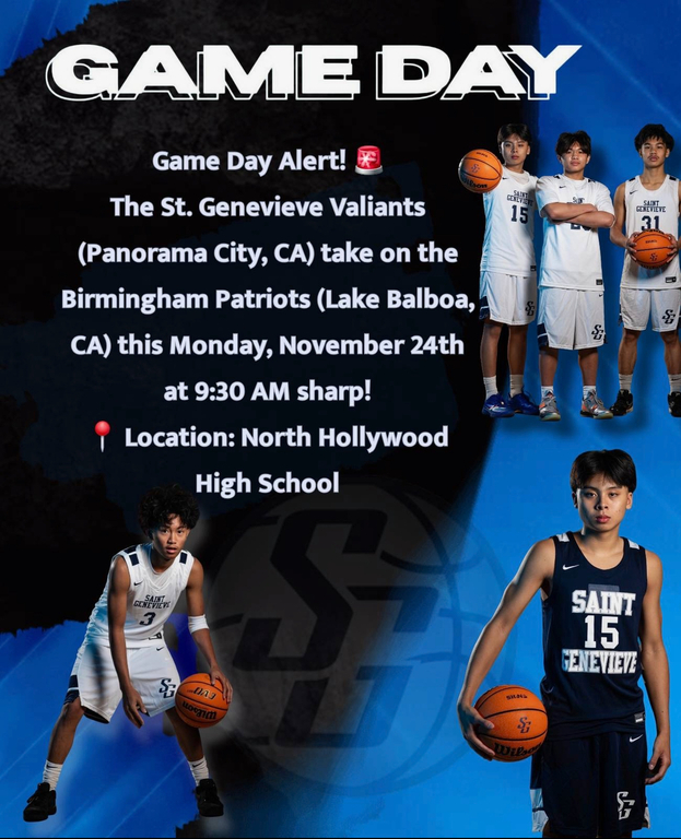 🚨 Game Day Alert! 🚨
The St. Genevieve Valiants (Panorama City, CA) take on the Birmingham Patriots (Lake Balboa, CA) this Monday, November 24th at 9:30 AM sharp!
📍 Location: North Hollywood High School
Don’t miss the action – grab your tickets now via the