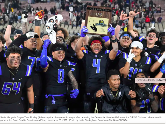 Santa Margarita football dominates Centennial to win Division 1 title!!
Trent Mosley has nearly 300 yards receiving and scores four touchdowns as Santa Margarita storms to its first CIF-SS title since 2011!
Link to full OC Register article....
https://www
