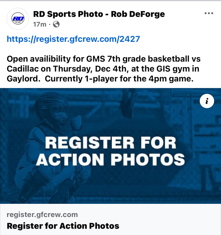 Rob will be at both 7th grade games for action photos tomorrow if anybody is interested, here is the link to signup 

https://app.gfcrew.com/register/2427?fbclid=IwVERFWAOdkdFleHRuA2FlbQIxMQBzcnRjBmFwcF9pZAo2NjI4NTY4Mzc5AAEeMkIspg488_9U0Tdol6NLXQ9dFWf04Qj