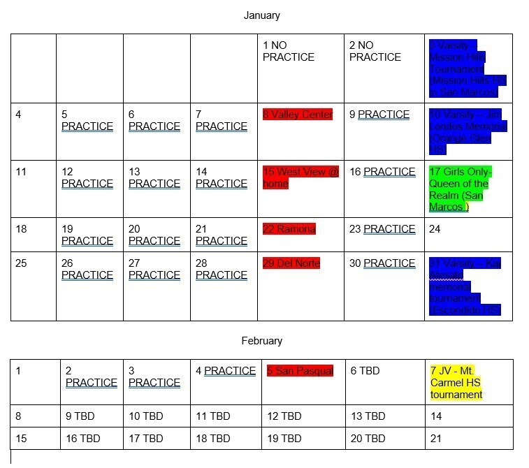 Here is the Jan Feb calendar