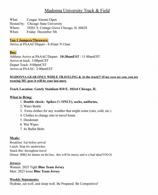 Chicago State Itinerary