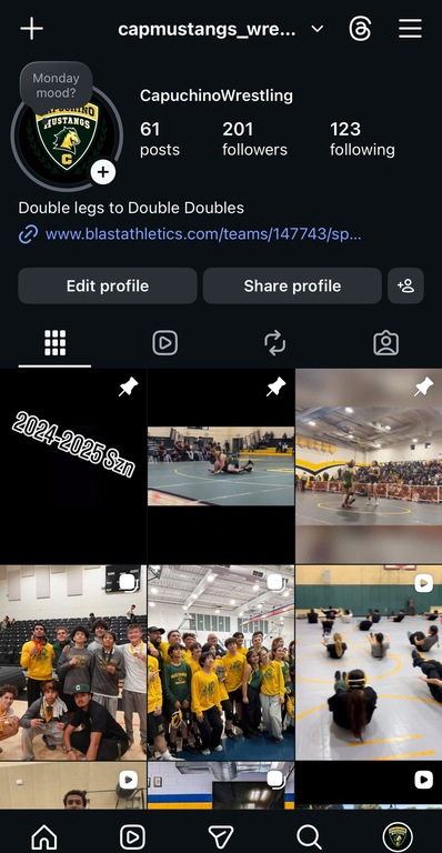 If you want more Daily Updates, Videos, and Pictures Follow the Capuchino Mustangs Wrestling Instagram!!!!

IG: capmustangs_wrestling