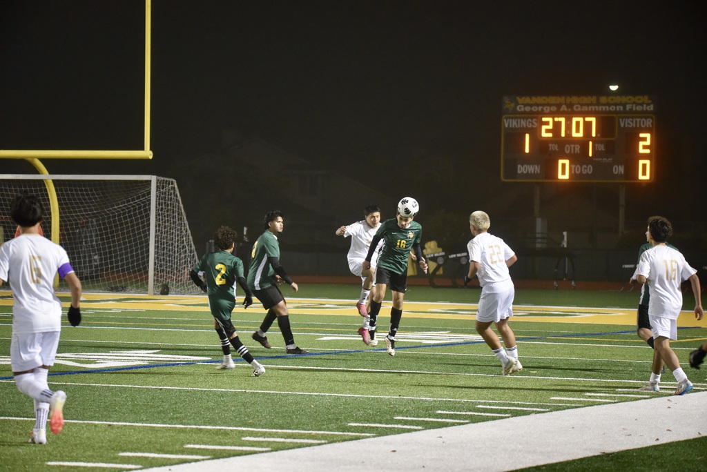 JUAN ESPINOZA # 16 HEAD KICK SHOT . VANDEN VIKINGS SOCCER TEAM VARSITY & JV HAD GOOD OFFENSE & DEFENSE SCRIMMAGE GAME.AGAINST ARMIJO SOCCER TEAM. NICE GOING