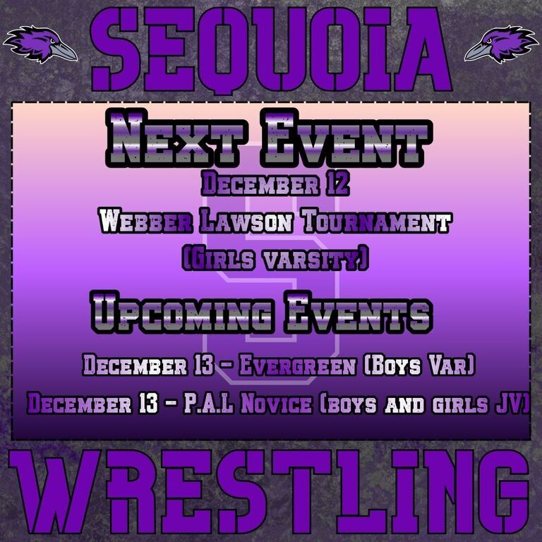 This weekends schedule!

Friday: Girls Varsity @ Fremont high school (Webber Lawson Tournament)
Weigh in: 1pm
Wrestling: 3pm

Boys Varsity: Evergreen Valley High School (Evergreen Classic Tournament)
Weight in: 7am
Wrestling starts: 9am

JV Girls and boys