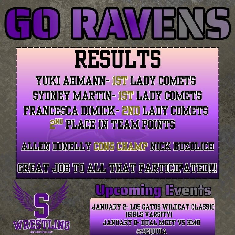 Great weekend on the mats for our wrestlers! 💪🤼‍♀️

Lady Comets Results:
🥇 Yuki Ahmann – 1st place
🥈 Francesca Dimick – 2nd place
🥇 Sydney Martin – 1st place

On the boys’ side:
🏆 Allen Donnelly battled his way to become Consolation Champion
👏 Nick Buzoli