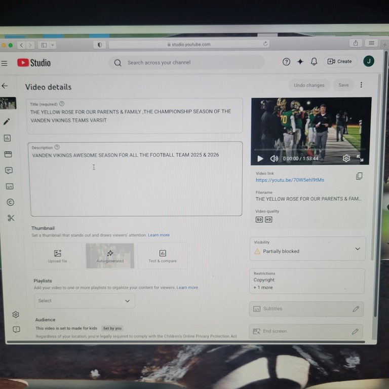 Vanden football video. Link on youtube