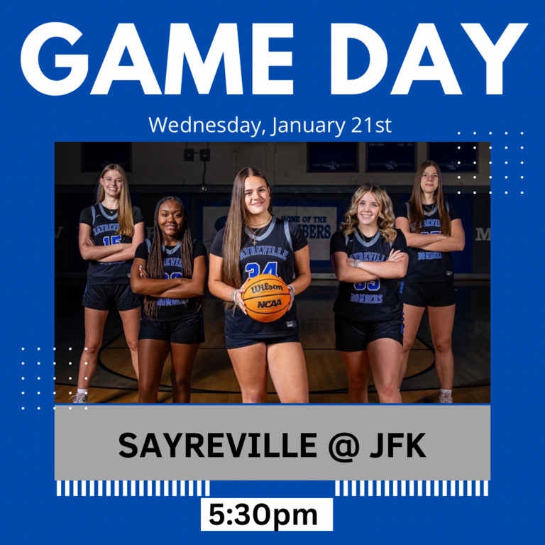 GAME DAY! 🔵⚪️ We will travel to the Mustangs of JFK this afternoon at 5:30. Let’s keep rolling, go Bombers! 🏀