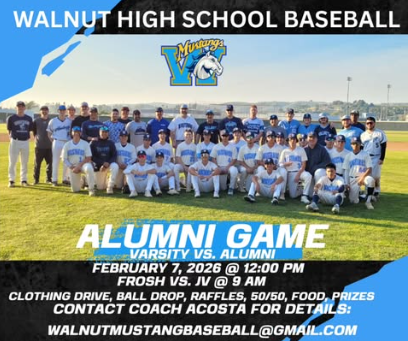 🚨Calling all baseball alumni.🚨

It's that time of year again to dust off your cleats and glove and show these young guys how it's done.

Contact Coach Acosta for any questions or to register. walnutmustangbaseball@gmail.com

9 AM - Frosh vs. JV
12 PM - Al