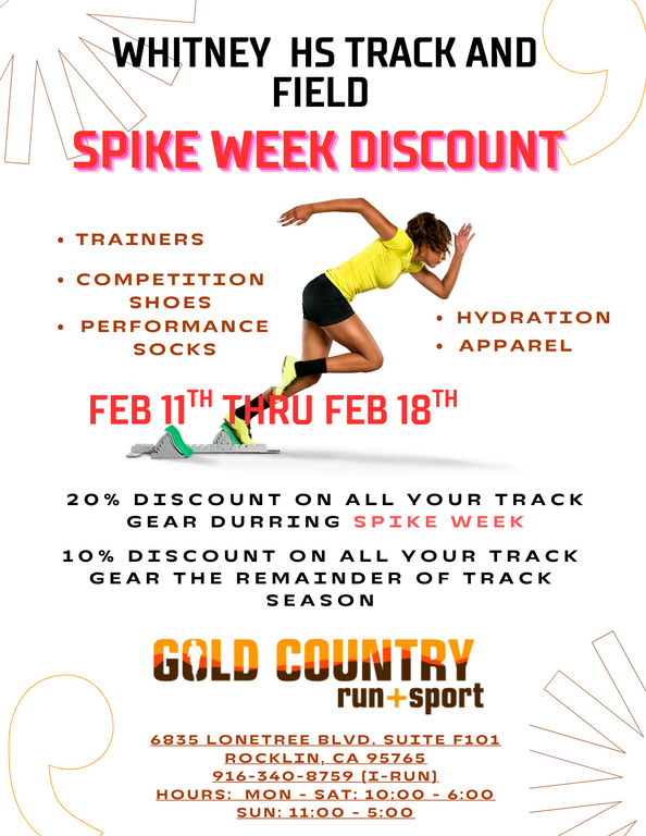 Gold Country Run + Sport is showing love to Whitney Track & Field 💜💛
From February 11–18, Whitney athletes and families get 20% off all merchandise at the Rocklin store.
Huge thanks to Gold Country Run + Sport for supporting our program—make sure to stop 