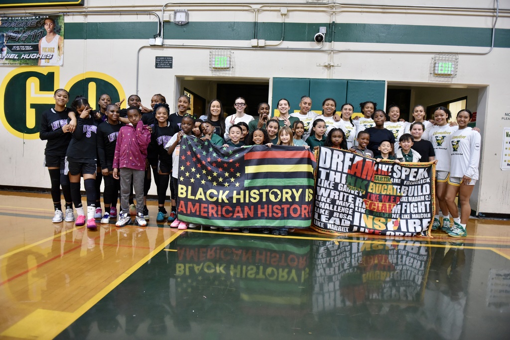 CENTER ELEMENTARY SCHOOL UNDER MRS CARADINE , CELEBRATING BLACK HISTORY & THE STUDENTS SING AT THE , START OF THE GAME . AT THE VANDEN BIG HOUSE FOR THE  GIRLS BASKETBALL VS SAC HIGH & PICTURES WITH BOTH TEAMS