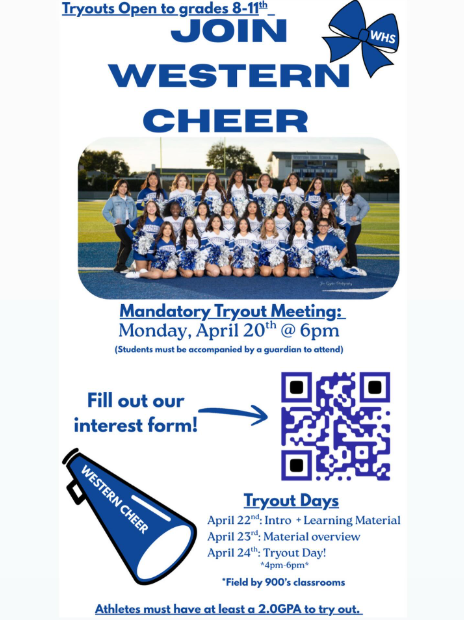 Calling all incoming & current Western students!! Tryout season is just around the corner for the 2026-2027 school year! Do you have what it takes to be a Lady Pio cheerleader?? 🤩 Hit the link in our bio or Scan the QR code if that’s you! We are the girls