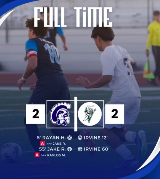 Uni Boys Soccer tied Irvine. Goals scored by Senior Rayan H and Senior Jake R.

Varsity T 2-2