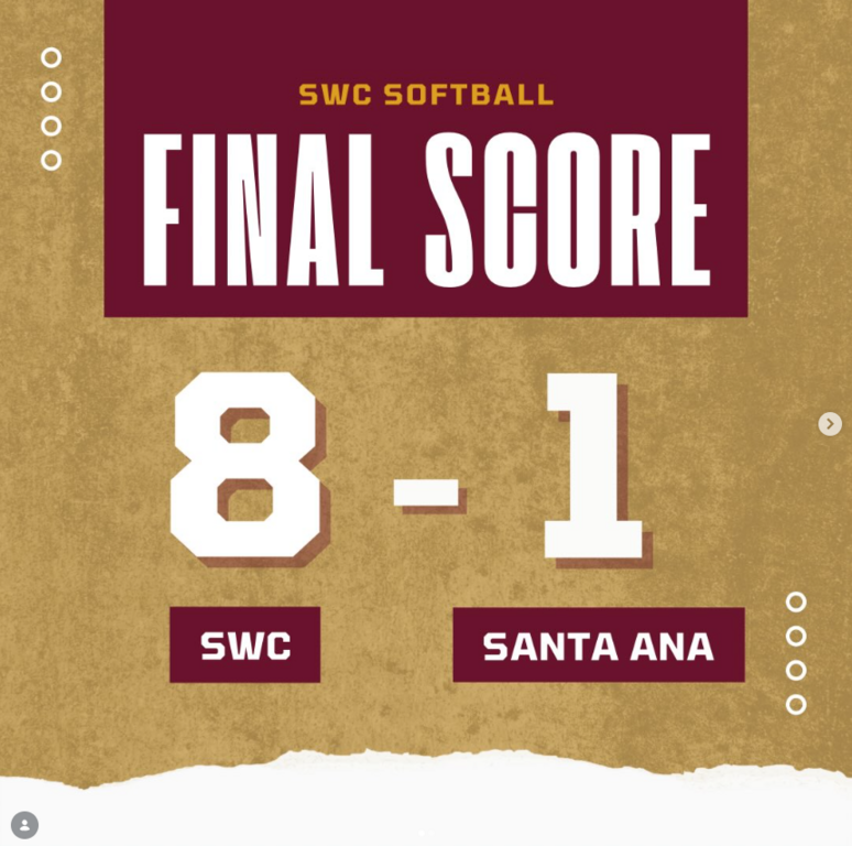 SWC gets late inning heroics again, scoring 8 runs in the top of the 8th inning to get the dub. @miaa_g23 goes all 8 only allowing 1 run to get the victory.