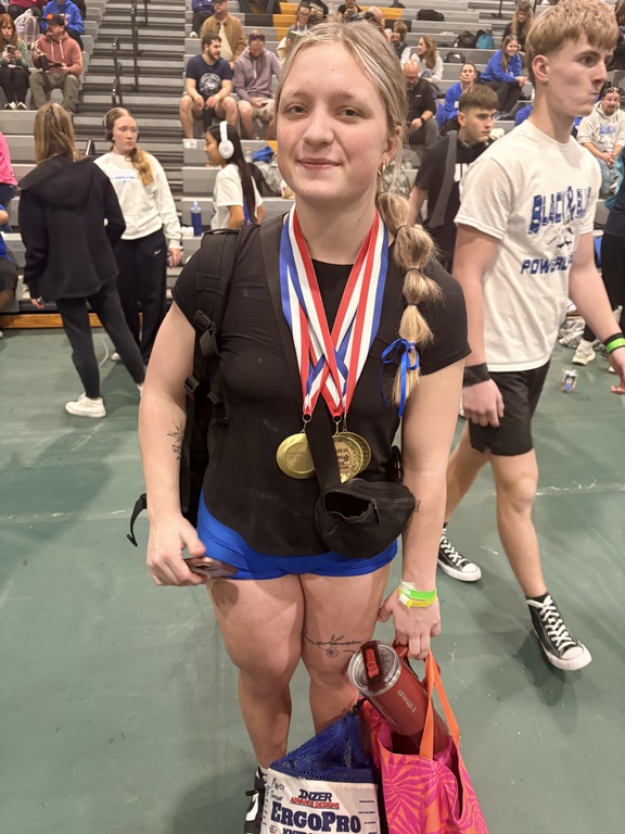 New 5A state record all time power ratio for a female - 5.88

New school record all time for a female in squat - 360

New state record in bench press - 185

Most individual state titles all time for a female in school history - 12