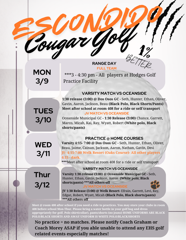 This weeks golf schedule 3/9-3/12