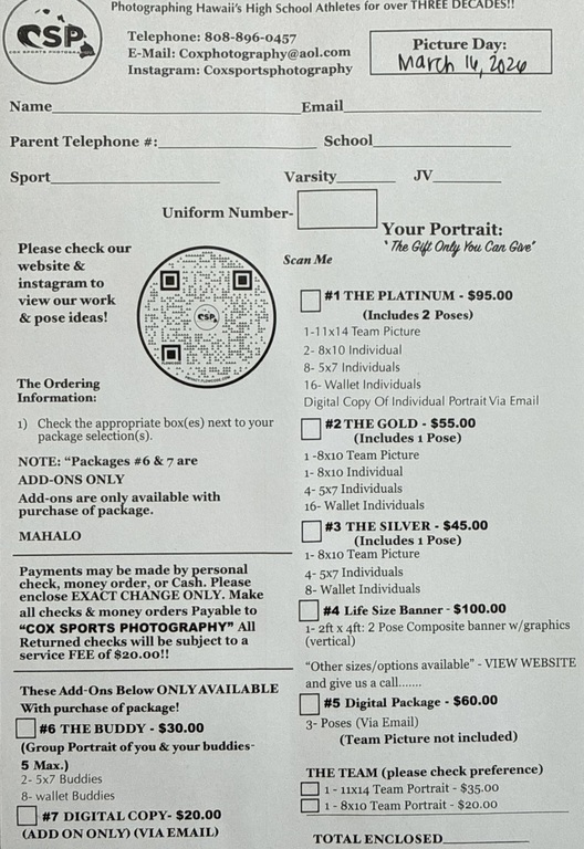 CSP Picture Taking Form
If you do not have a form, you can use this to make your package selections and then bring your payment on Monday and you can complete the form at that time.