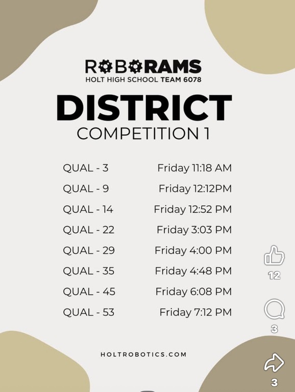 Schedule for First day matches at Milford event Go Robo Rams