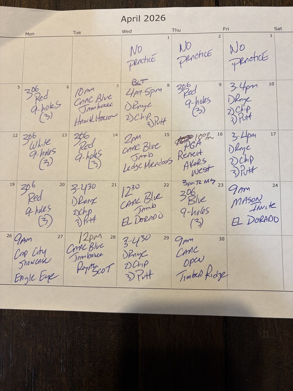 Varsity practice and match schedule for April.