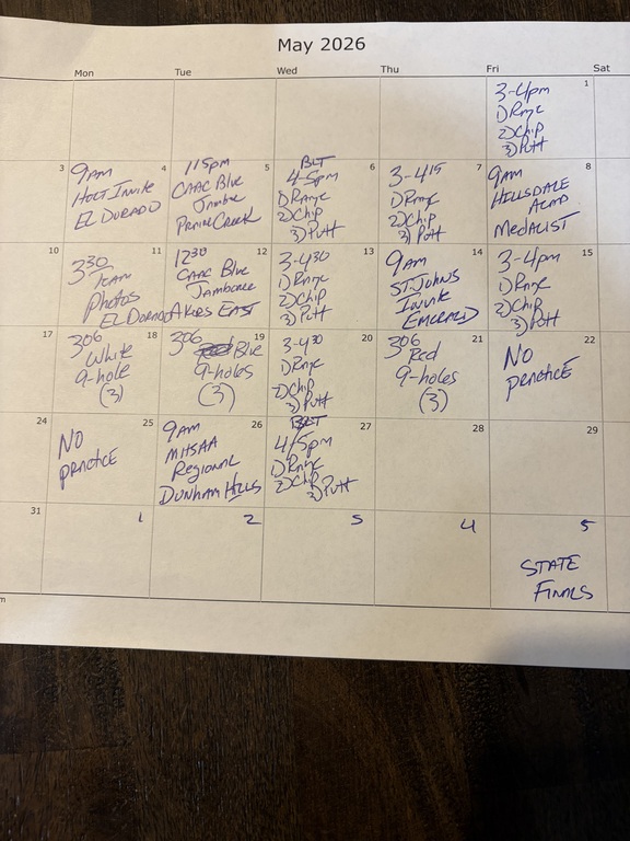Varsity practice and match schedule for May.