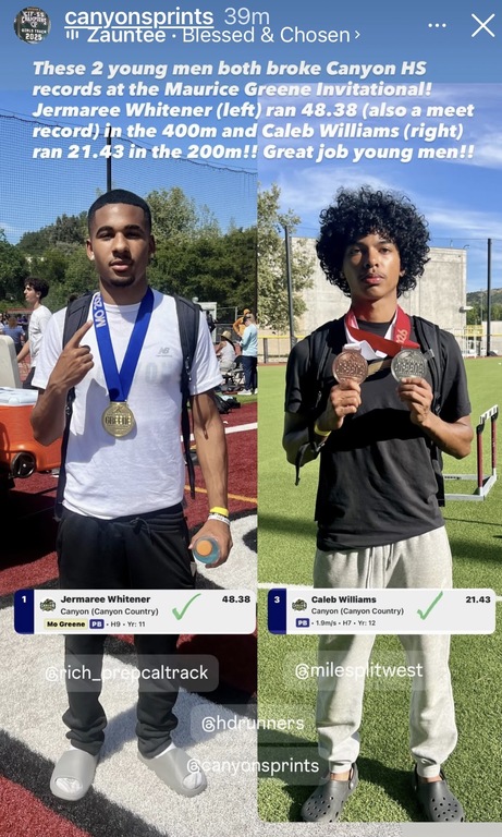 2 New School Records were broken at the Maurice Green Invitational. Congratulations to Caleb Williams in racing to 21.43 in the 200 meters and to Jermaree Whitener racing to a 48.38 in the 400 meters!! Let’s Go!!