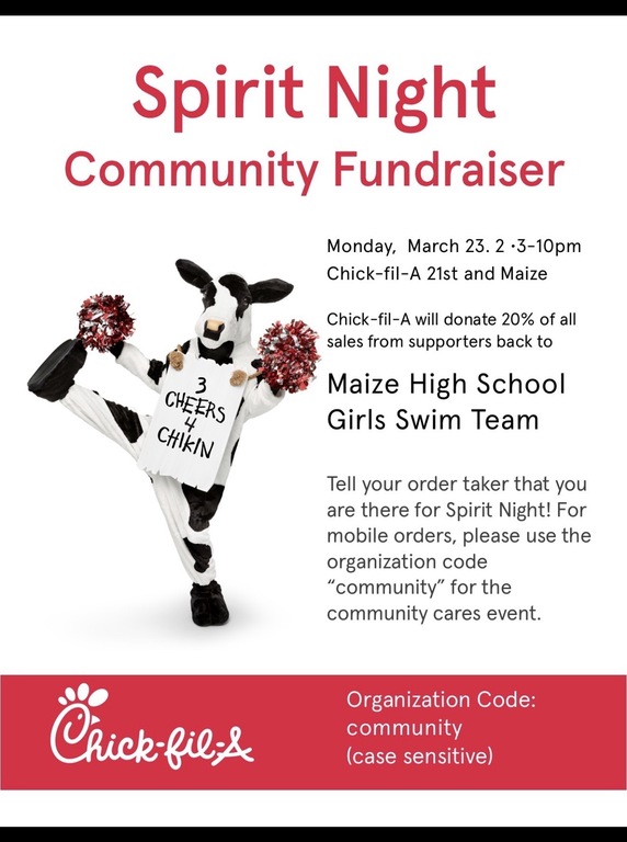 Tomorrow is the day!!! Go eat chick fil an after practice and mention the maize girls swim team!!! Share with all your friends!
