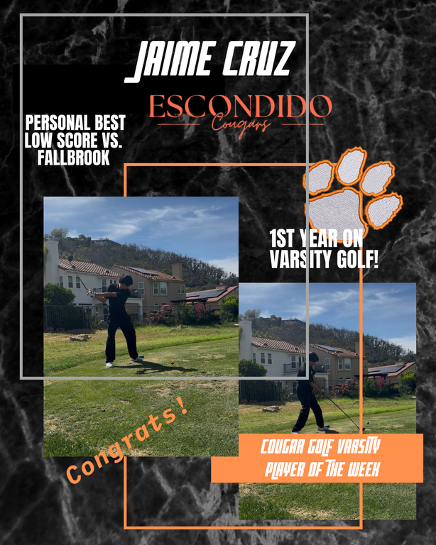 Congratulations to the EHS Cougar Golf Varsity Player of the Week- Jaime Cruz!