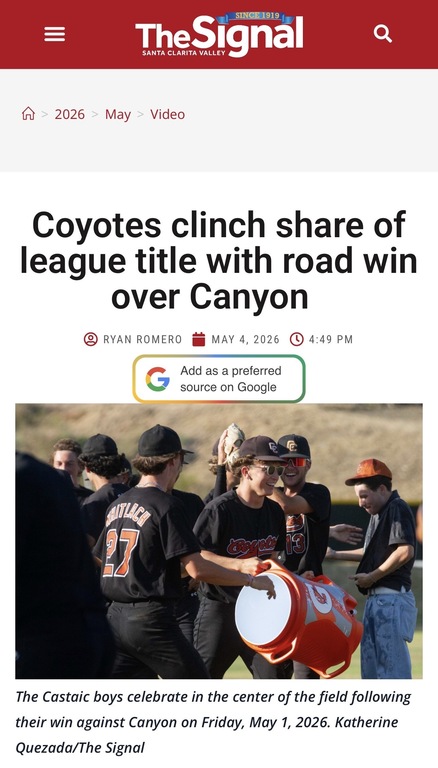 Coyotes are Foothill League Champions! Congratulations! https://signalscv.com/2026/05/coyotes-clinch-share-of-league-title-with-road-win-over-canyon/