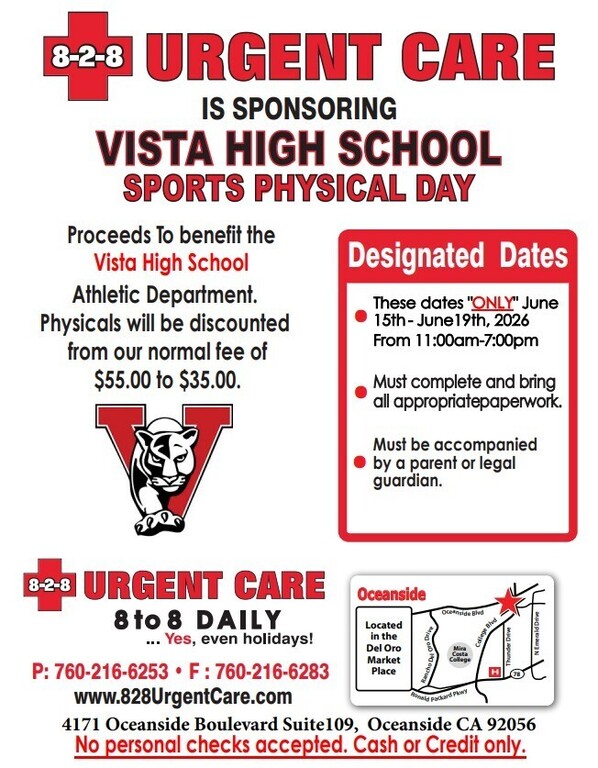 Panthers — save the date! 🩺🐾

We’re partnering with 8-2-8 Urgent Care to offer discounted sports physicals. See attached flyer for details!

📌 2026–2027 Home Campus submissions open June 1, 2026
📌 Physicals must be uploaded and students cleared in Home Ca