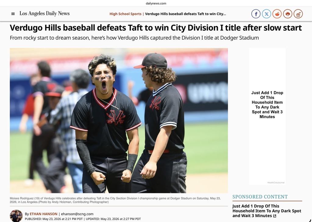 Verdugo Hills baseball defeats Taft to win City Division I title!
https://www.dailynews.com/2026/05/23/verdugo-hills-baseball-defeats-taft-to-win-city-division-i-title-after-slow-start/